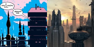 Krypton or Coruscant? Krypton illustration excerpted from Page 6 and Coruscant as seen in Star Wars Episode I: The Phantom Menace.