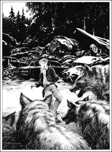 Bernie Wrightson illustrates the scene where the Kid is put to death by Randall Flagg via a pack of wolves.