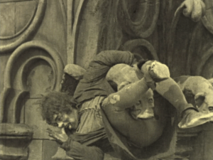 As well as a tragic, humanist performance, Lon Chaney also does lots of his own stunts, making his Quasimodo a truly athletic character as he swings from the gargoyles of Notre Dame.